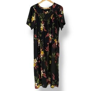 Loungees Tropical Floral Leaf Print Black Long Casual Dress Sz Large